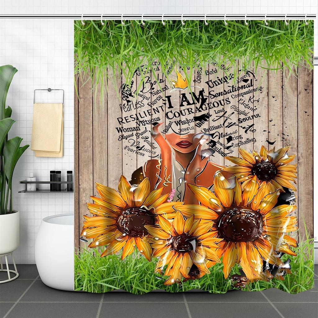 Afro-Afroamerikanisches Duschvorhang-Set Wasserdichtes Gewebe Badezimmervorhang mit süßem schwarzem Mädchen-Design, Langlebig und Stilvoll