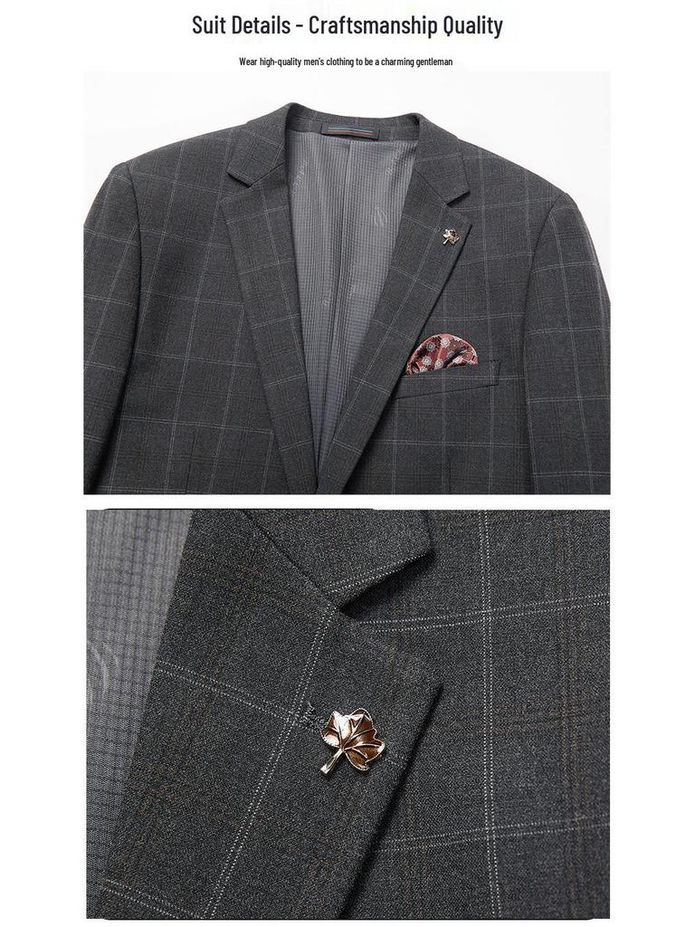 2026 High-End Slim-Fit Plaid Wool Suit Set - Men's Non-Iron Business Casual Formal Wear for Weddings