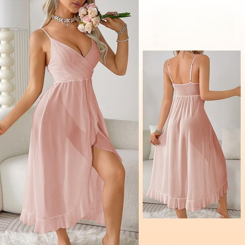 Sexy Deep V High Slit Cami Nightgown Multi-Color Sheer Breathable Women's Comfortable Loungewear 683 Daring Lightweight Sleepwear Perfect for Nights