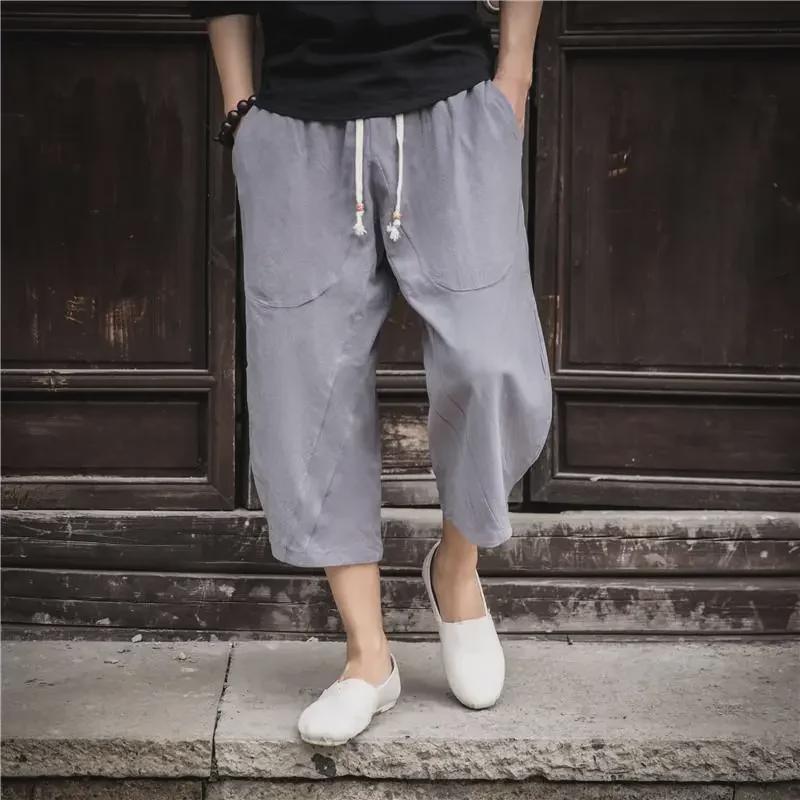 Men's Loose-Fit Cotton-Linen 7-Point Wide-Leg Trendy Chinese Style Summer Shorts