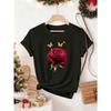 European Sizes Black Short Sleeve T-Shirt with Red Rose & Butterfly Print - Breathable Light Beige-Friendly Fabric, H-Line Silhouette Blouse