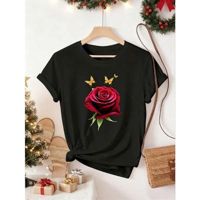 Europäische Größen Schwarzes Kurzarm-T-Shirt mit Rotem Rosen- & Schmetterlingsdruck - Atmungsaktives Hellbeige-Freundliches Gewebe, H-Linien-Silhouette Bluse
