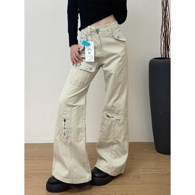 

Джинсы-микропул в стиле Spice Girl, песочно-белые, универсальные, с множеством карманов, с высокой посадкой, брюки-клеш, подметающие пол XL