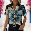Women Casual V Neck Short Sleeve Button Shirt Luxury Rhinestone Floral Print Loose Plus Size Daily Summer Blouse Tops