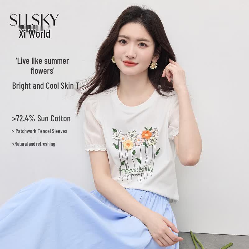 Women s Tencel Cotton Floral Print Short Sleeve T-Shirt XL