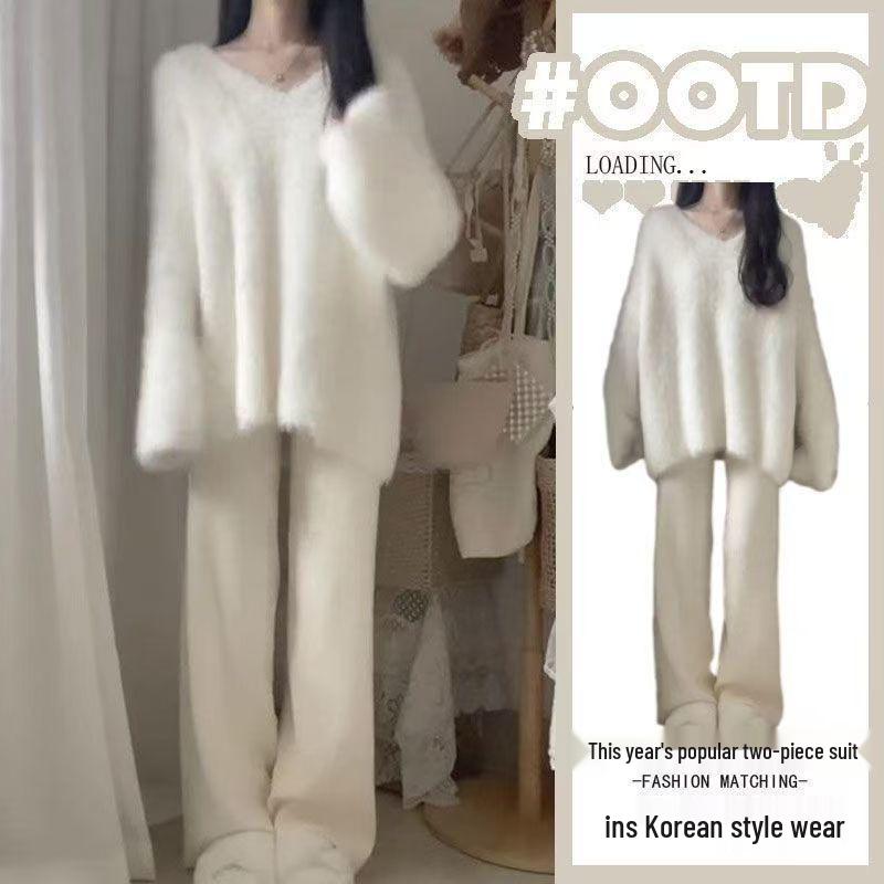 Elegant Korean Style Autumn/Winter Sweater & Fleece-Lined Wide-Leg Pants Set