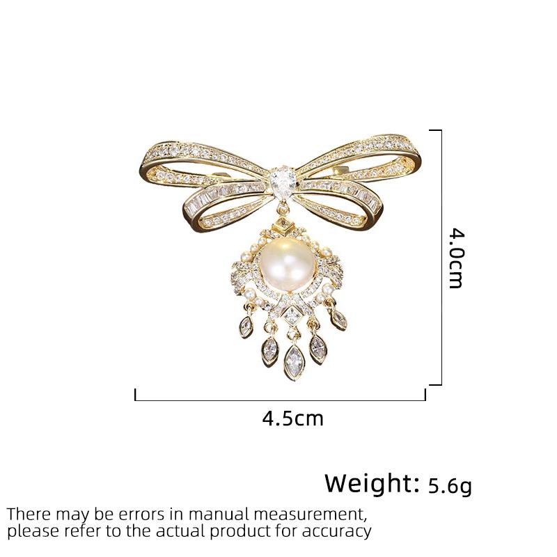 Damen Leichter Luxus Design Elegante Zirkon Schleife Imitationsperlen Quaste Brosche Modische Vielseitige Nischendesign Brosche