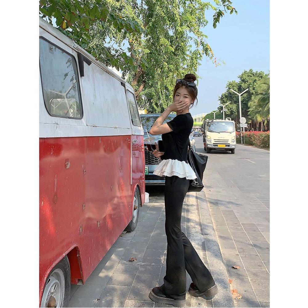 Summer MODAL COTTON t shirt for Women Ballet style O-neck short sleeve T-shirts Lotus leaf casual Slim Elastic Skinny black Tops