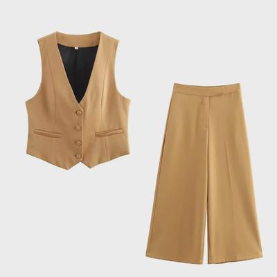 Women's Solid V-Neck Slim Vest & Wide-Leg Pants Set