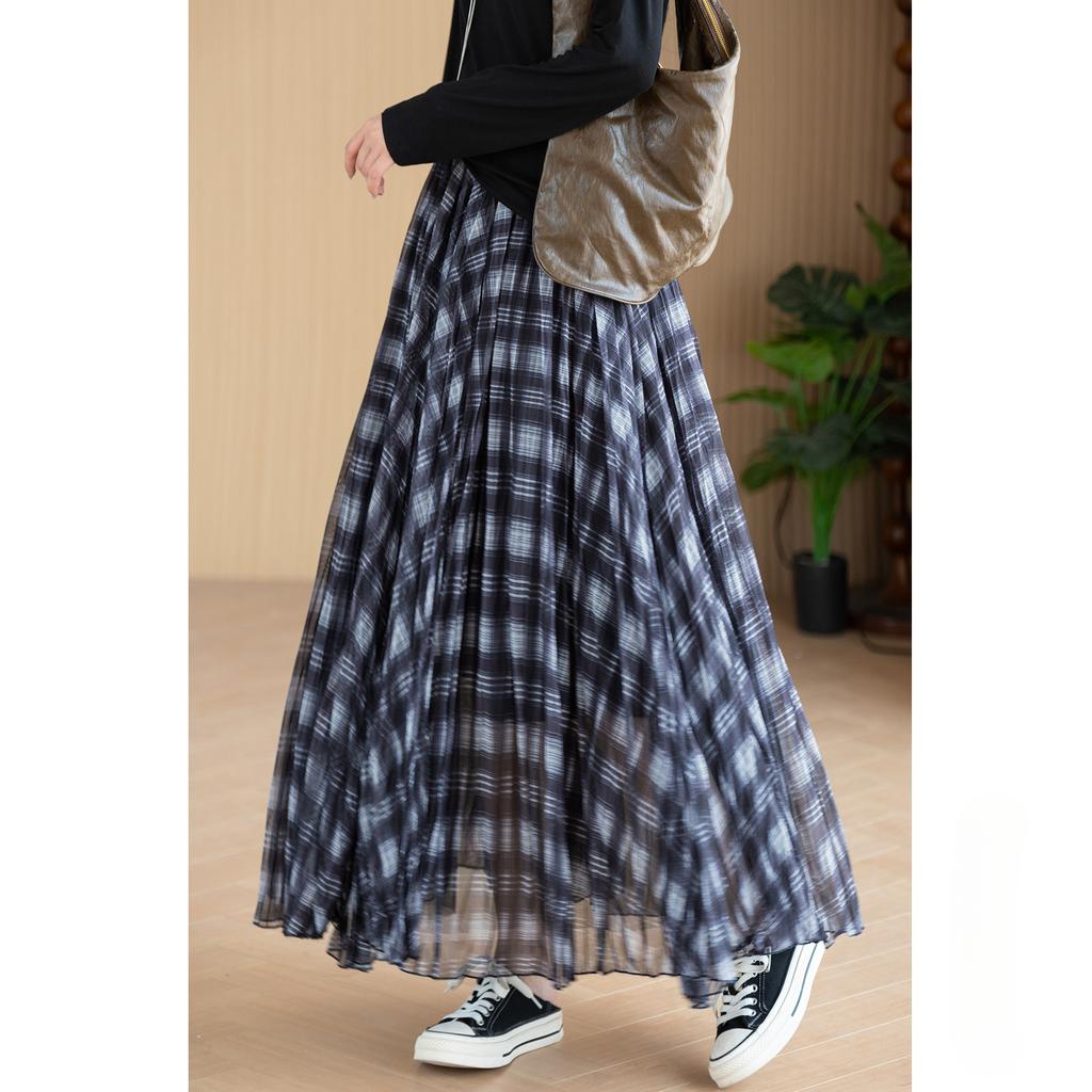 Dimanaf 2025 Autumn Women New Skirts Plaid Loose Elastic Waist Pleated Elegant Long Skirts Red