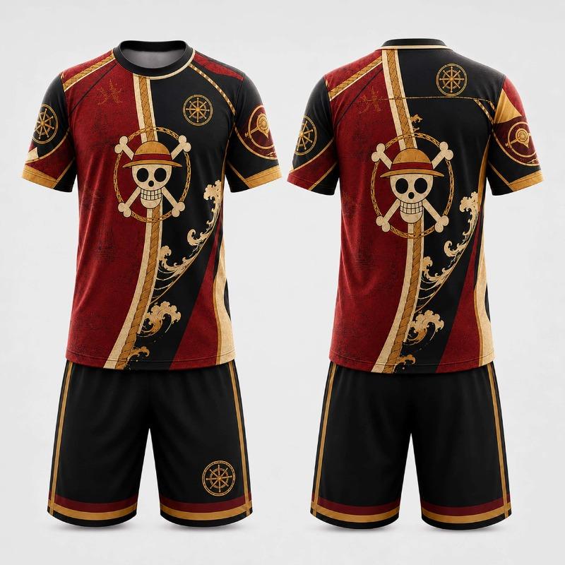 Retro Sailing Boat Anchor Element Sports Jersey Set, Trendy Cartoon Skull Print Short Sleeved Shorts, Casual Ball Uniform