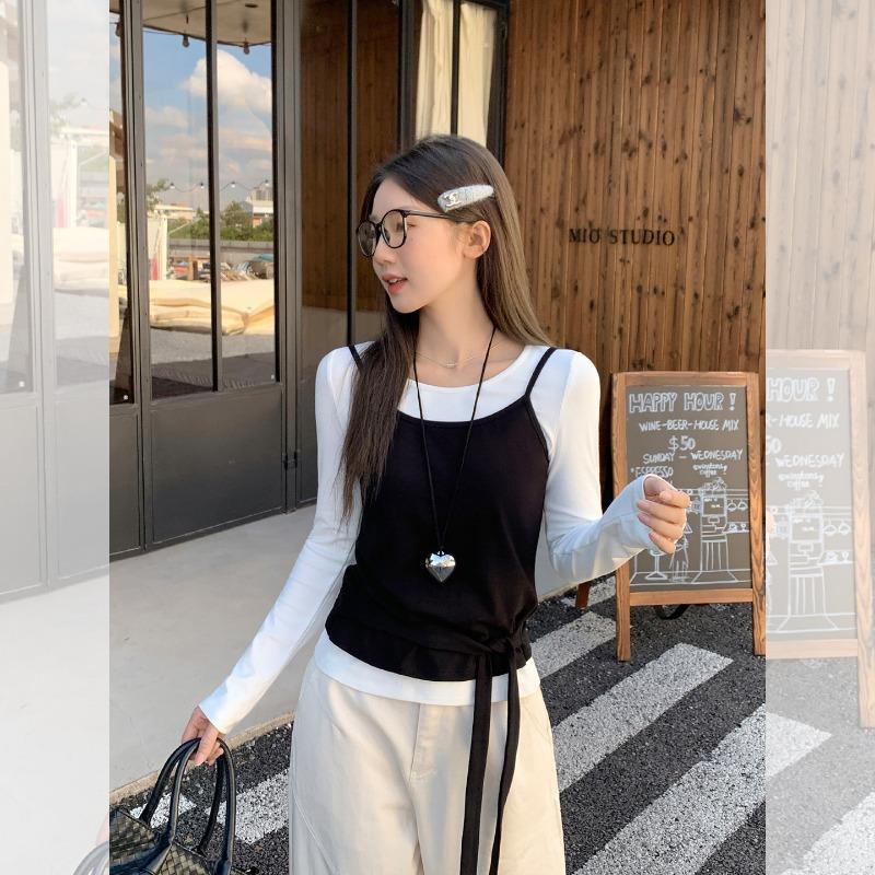 New Spring and Autumn Two-piece Solid Color Long-sleeved T-shirt Layered Vest Slim Fit Top for Women