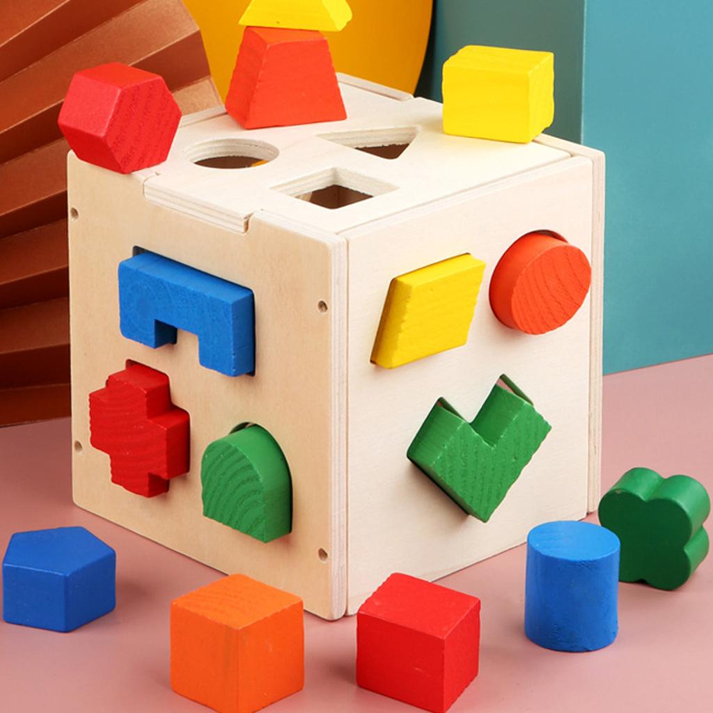 Wooden Kids Shape Sorting Toy 15 Holes Building Block Cube Box Geometric Shapes Matching Toy