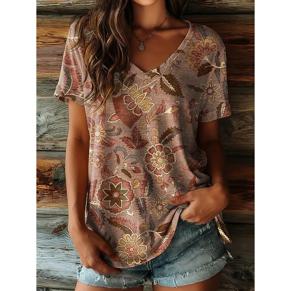 Women's Tribal Abstract Graphic V Neck T-Shirt, Short Sleeve Casual Tops, Yellow Brown Fashion Daily Outfit for Spring & Summer