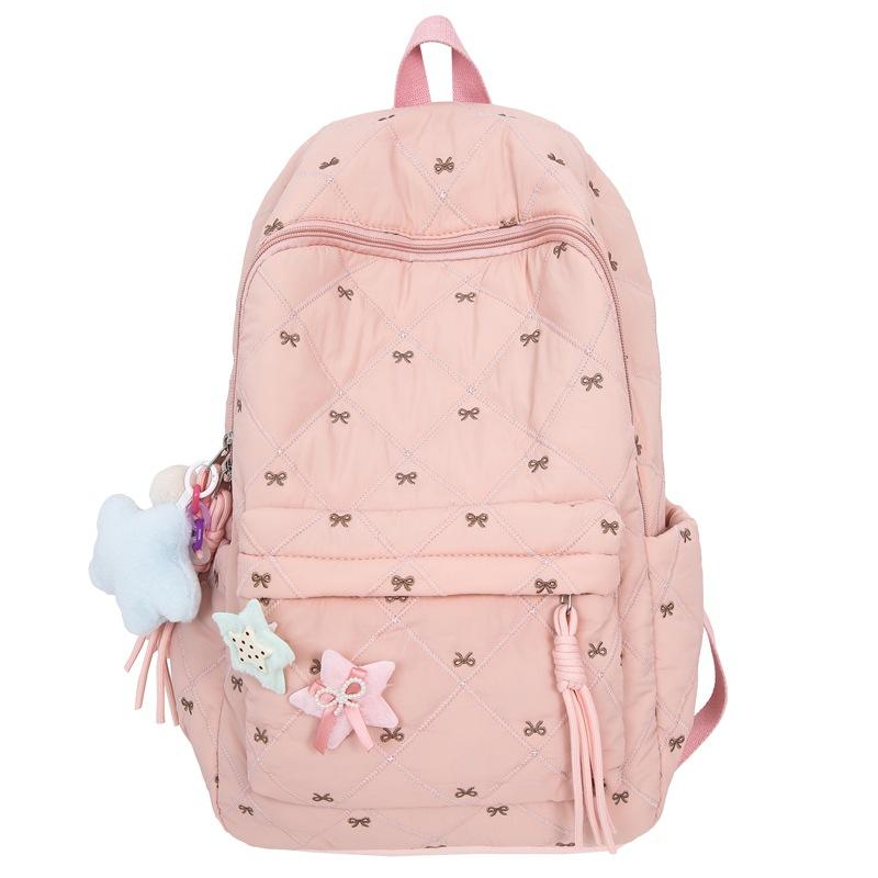

Студенческая школьная сумка с вышитым бантом, женский рюкзак большой вместимости, компьютерный дорожный рюкзак розовый