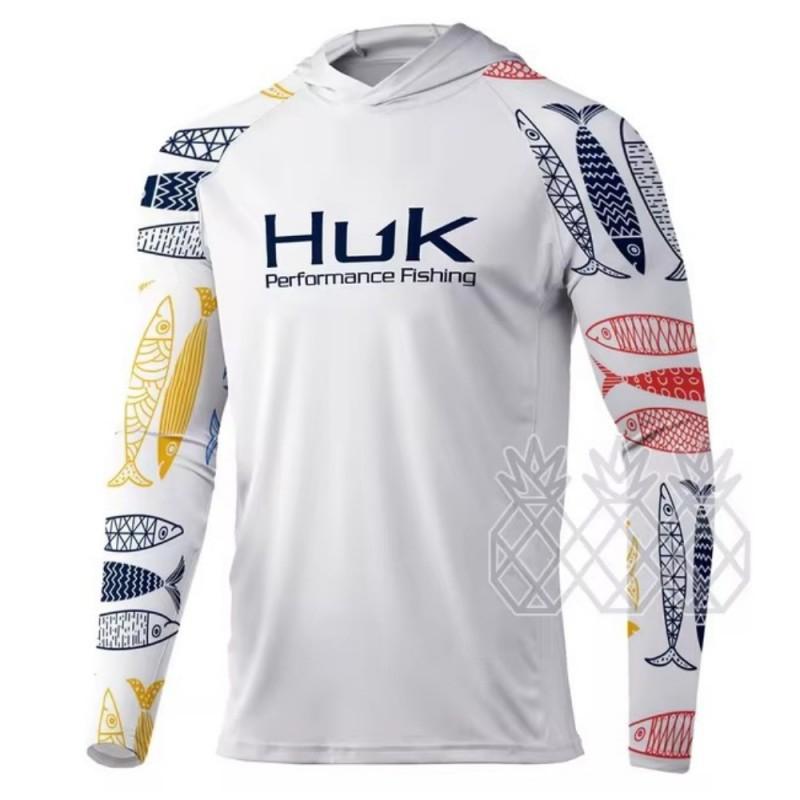 HUK Long-sleeved Fishing Clothes UPF+50 Sunscreen Breathable Outdoor Sports Men s Sweat-absorbing Hooded T-shirt 4XL
