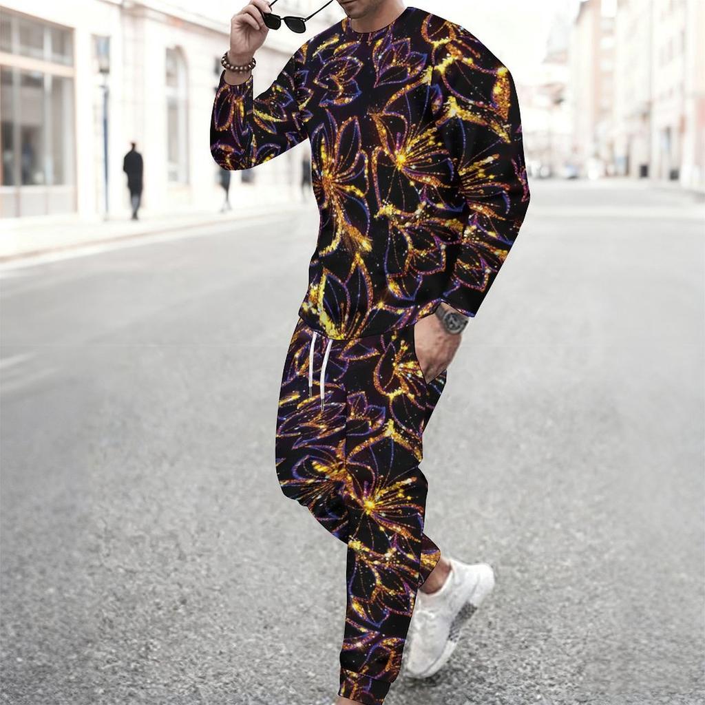 Men Navy Blue White Water Drop Floral Decor Print Long Sleeve Sweatshirt Jogger Pants Two Piece Suit