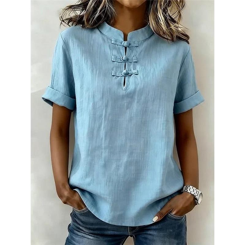 Retro button solid color cotton and linen stand up collar short sleeved shirt L синий