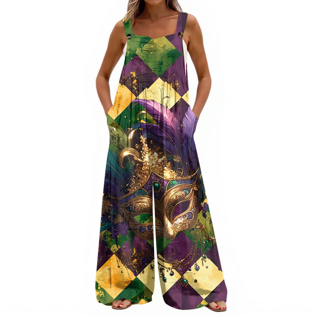 Wide Leg Overalls For Women Casual Loose Sleeveless Print Button Long Pant Romper Jumpsuit With Pockets