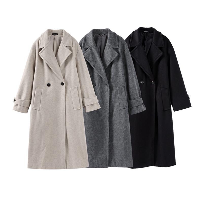Women Fashion Wool Blend Warm Long Coat Autumn Winter Loose Pocket Double-breasted Jacket Elegant Lapel Overcoat