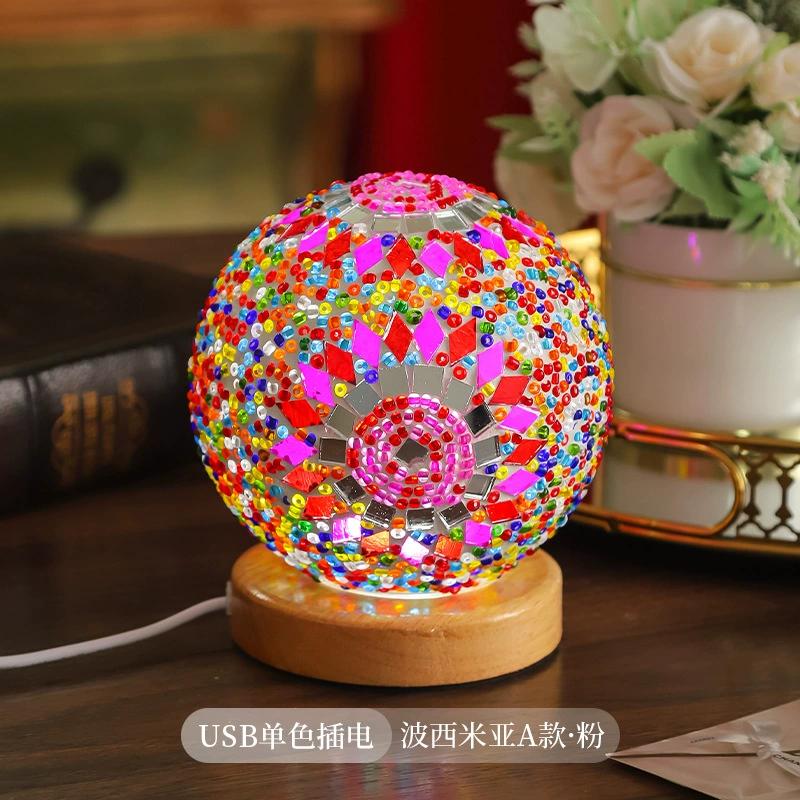 Creative LED Desk Lamp USB Button Warm Dimming Stained Glass Bohemian National Style for Home Bar Bedroom Decor LED Table Lamp
