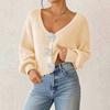 Women's Solid Color Button-Up Cardigan Deep V-Neck Short Loose-Fitting Jacket Casual Top
