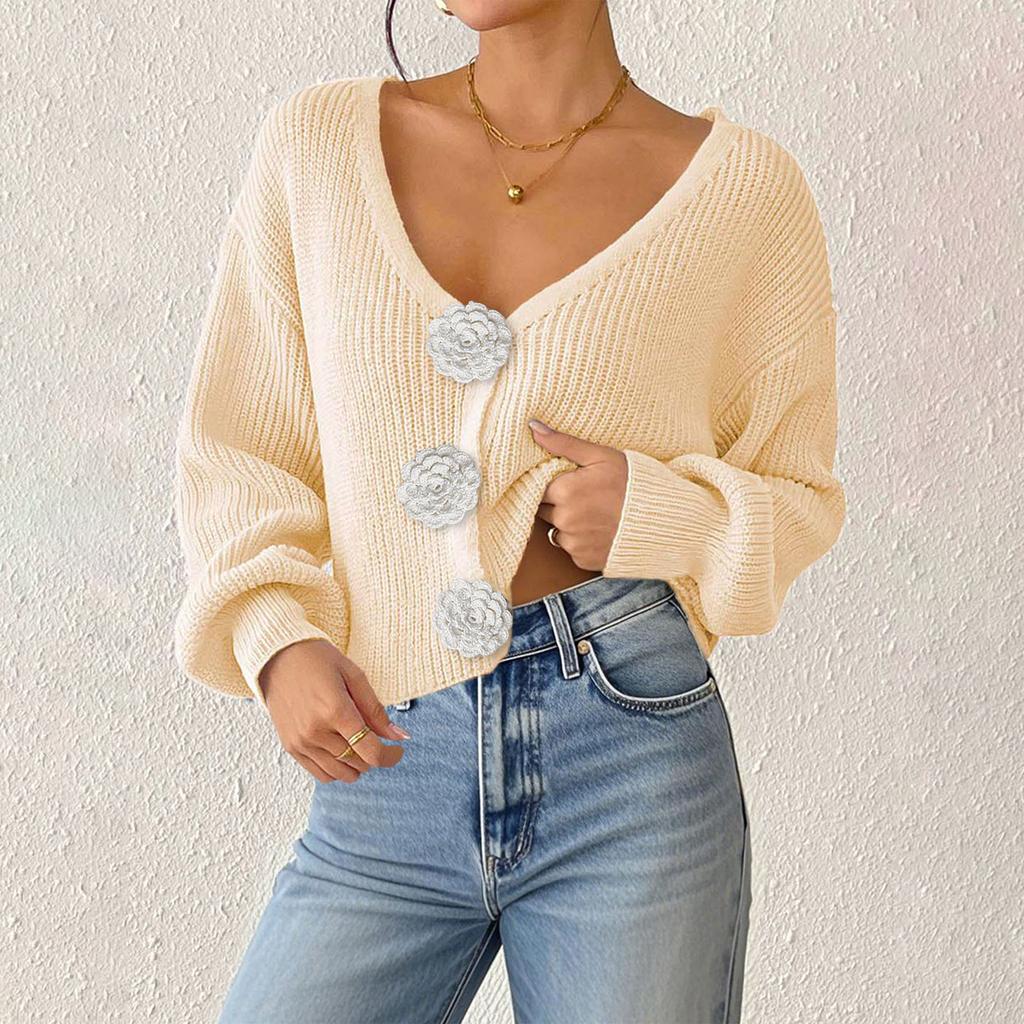 Women's Solid Color Button-Up Cardigan Deep V-Neck Short Loose-Fitting Jacket Casual Top
