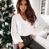 V-Neck Solid Color Lantern Sleeve Women's Shirt