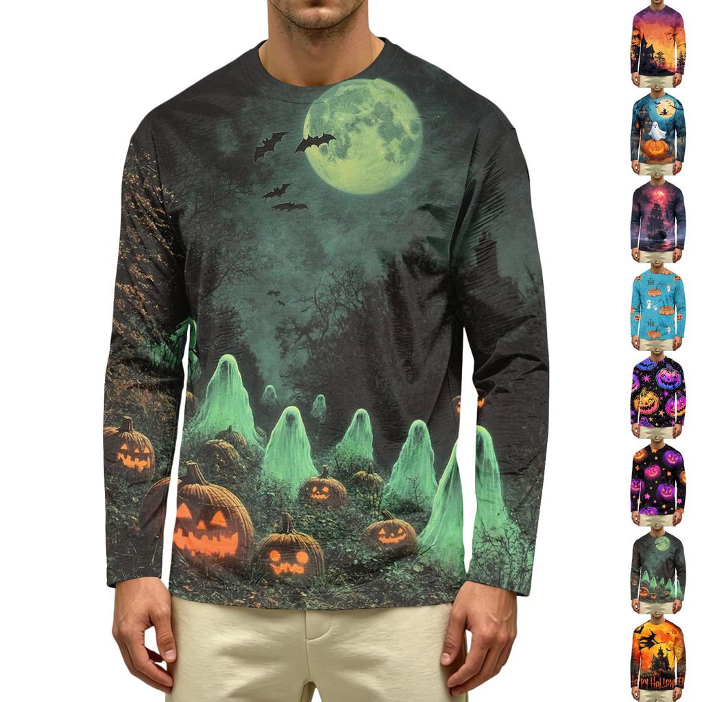Men's Long Sleeve Casual T-Shirt Crew Neck Printed Halloween Pumpkin Pattern Top Comfortable Fit Lightweight Fabric