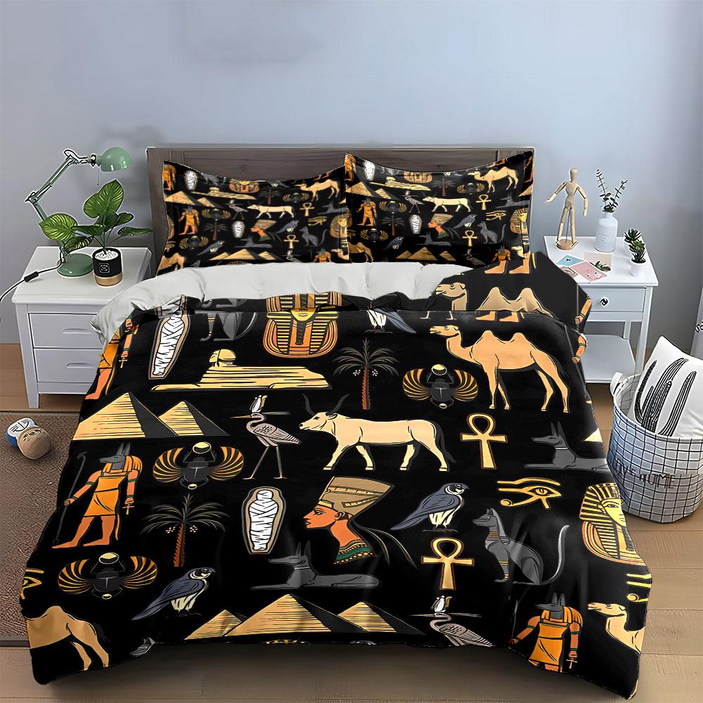 Ancient Egyptian Symbols Pattern Bedding Duvet Cover Set Duvet Cover Pillowcases  (1*Duvet Cover 2*Pillowcases, Without Duvet Insert)