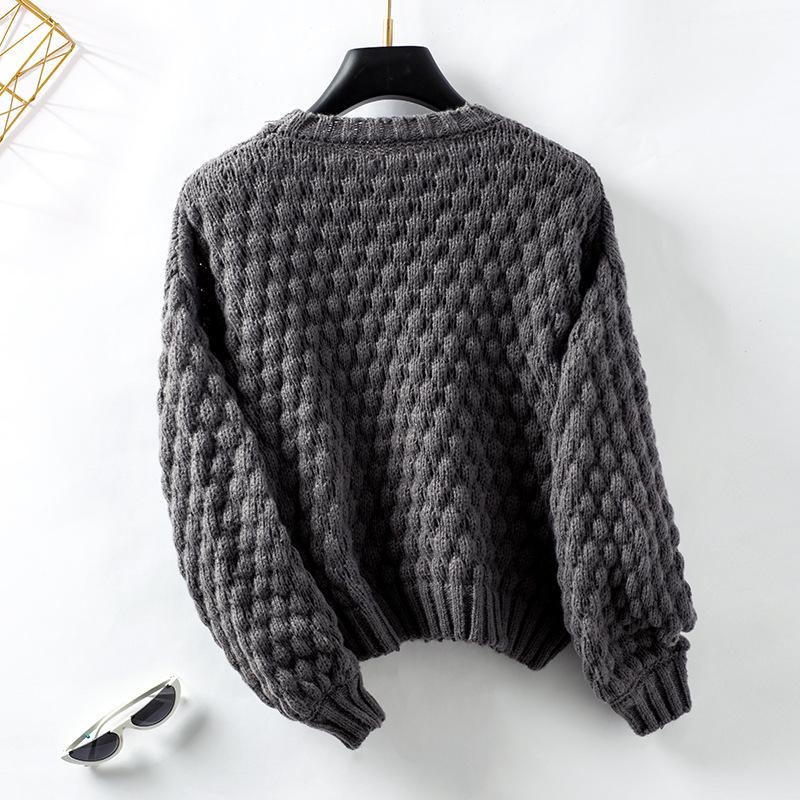 Women's Solid Color Sweater Autumn and Winter Loose Round Neck Twist Puff Sleeve Knit Sweater