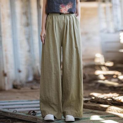 Calças Femininas Casuais Soltas de Algodão Rami Lavadas na Areia - Calças Compridas de Linho de Perna Reta Primavera 25