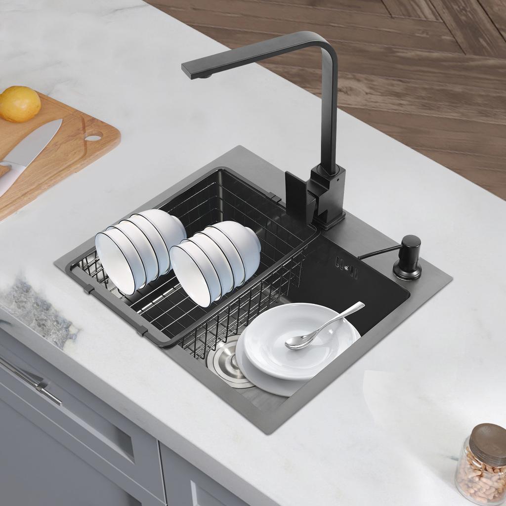16x12 Inch Stainless Steel Kitchen Sink – 201 Stainless Steel with Nano Coating – Complete Set with Faucet, Soap Dispenser & Drain Basket – Black/Grey