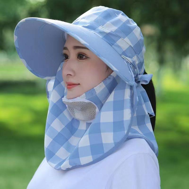 Summer farm work sunscreen cap ultraviolet big brim face mask underground cycling women's plaid sun hat