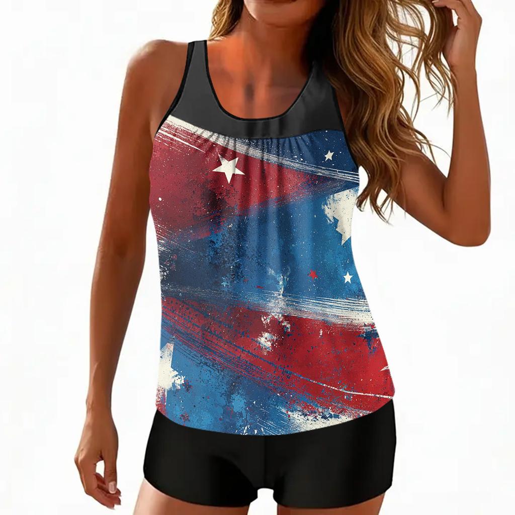Women’s Two Piece Tankini Set with Sleeveless Scoop Neck Printed Top and Shorts Swimwear for Summer Beach Pool Wear