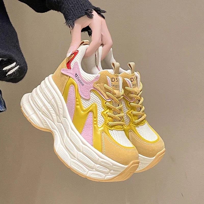 Fashion 11CM Women Casual Leather Sneakers Autumn High Platform Shoes Thick Soles Sports Dad Shoes Woman Chunky Sneakers Chaussure Femme
