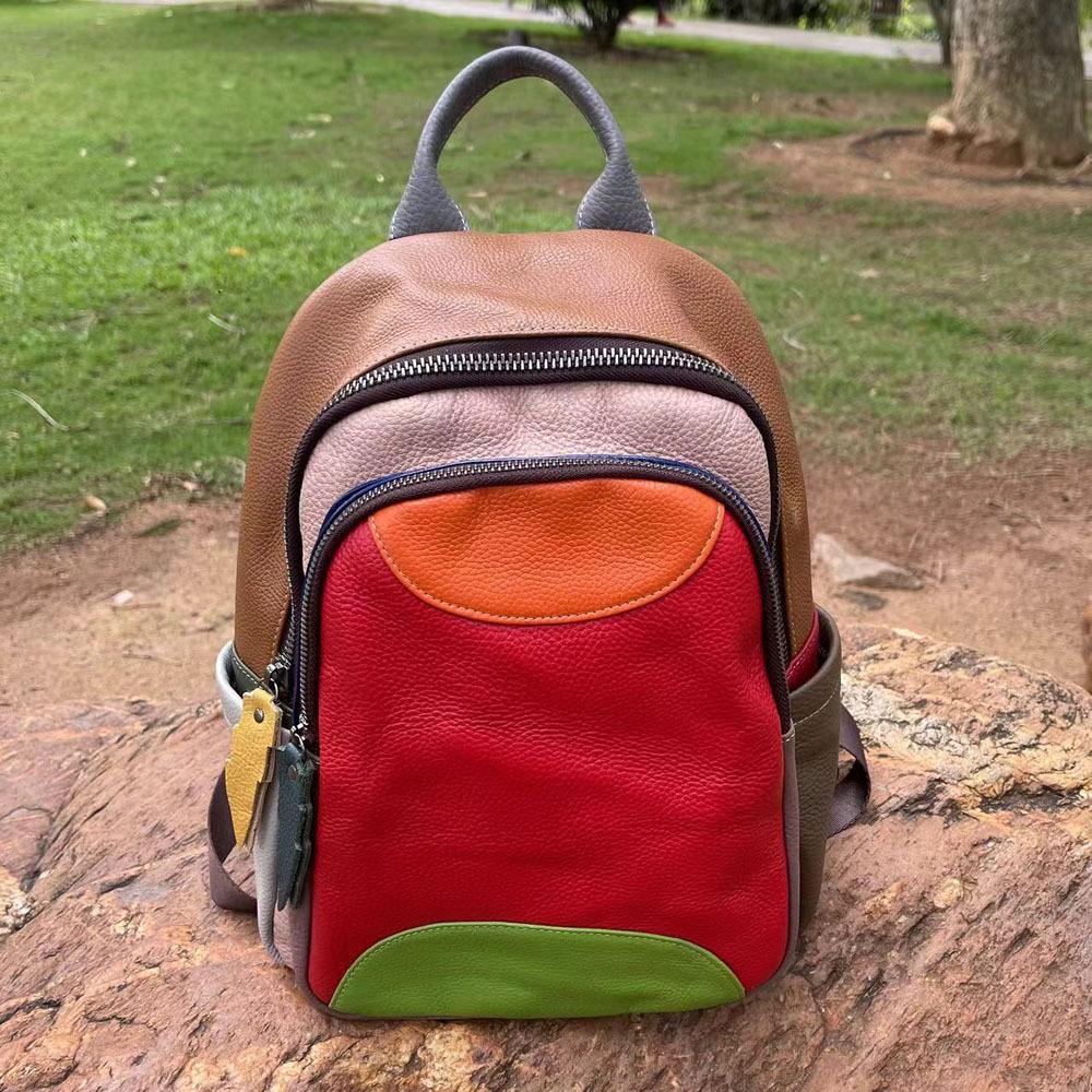 Women'S Leather Backpack Colored Leather Splicing Backpack Wind Leisure Bag Outdoor Travel Backpack