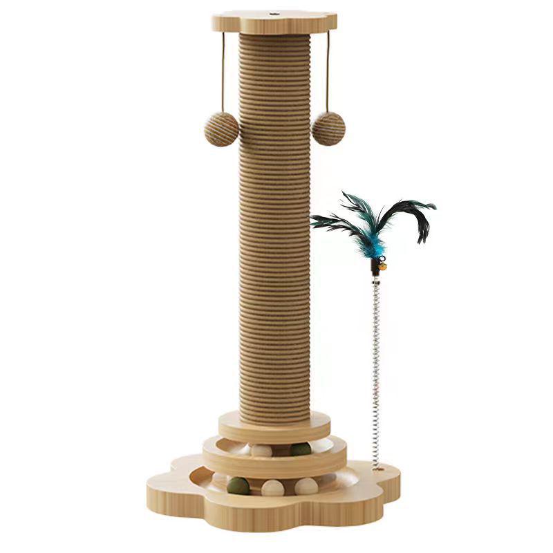 Vertical Wear-Resistant Sisal Rope Cat Scratching Post with Turntable and Teaser Toys