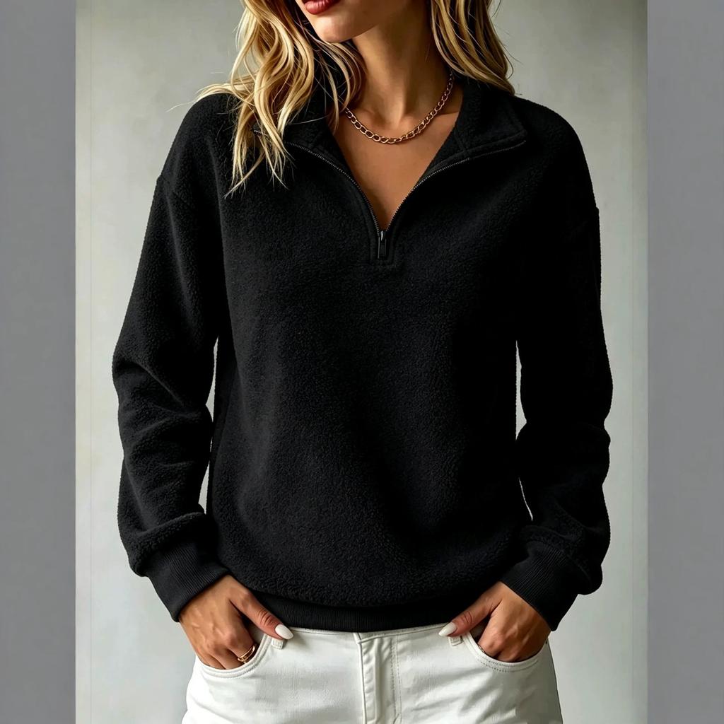 Fleece pullover zipper sweater loose casual solid color long sleeve women's top autumn and winter
