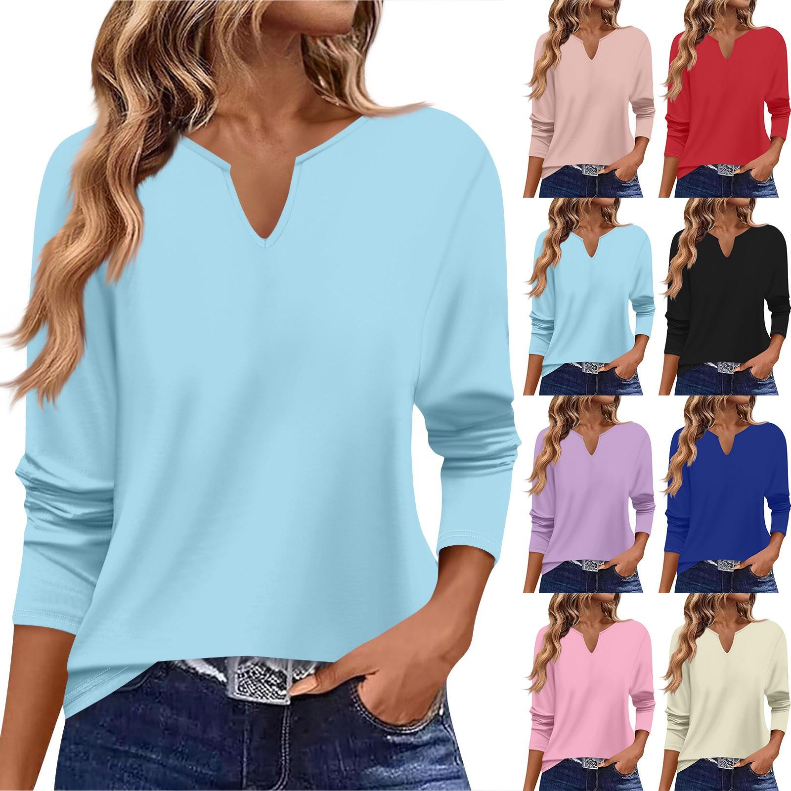 

V-neck Women s Casual Long-sleeved Retro Solid Color Small V-neck T-shirt Top XL