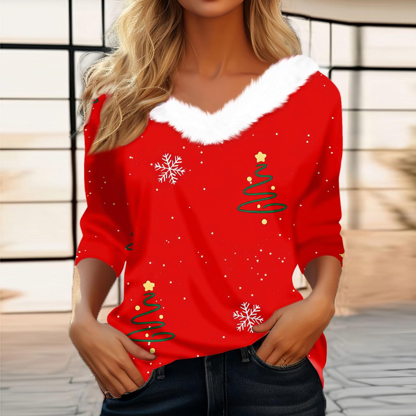 

Женская мода с длинным рукавом и рождественским принтом, праздничный воротник, V-образный вырез L красный