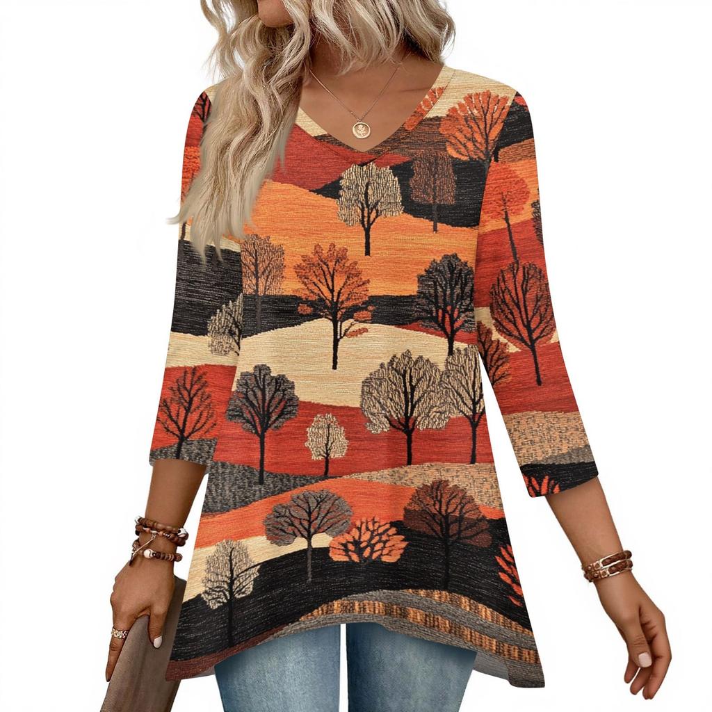 Dámské topy s výstřihem do V a 3/4 rukávem, ležérní košile střední délky, módní tuniky s potiskem