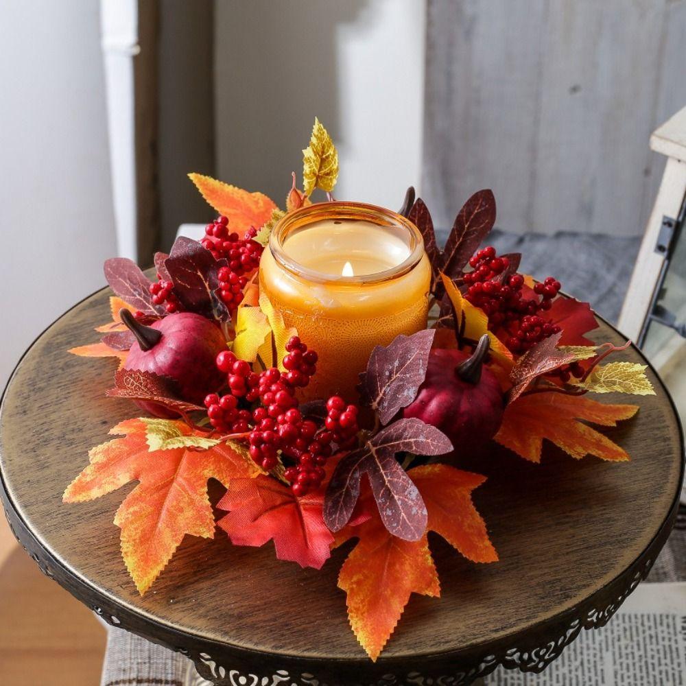 Simulated Maple Leaf Autumn Candle Wreath Faux Maple Leaf Harvest Decor Candle Ring Table Centerpiece 1pc Fall Candle Holder