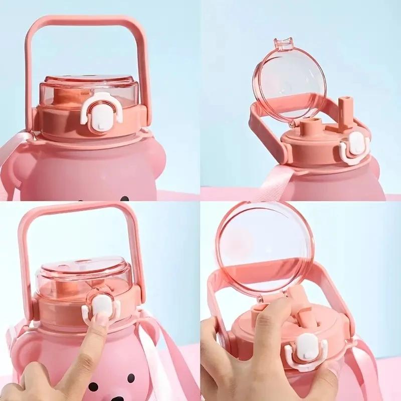 1pc Bear Gradient Cute Water Cup, Summer High-value Girl Plastic Cup, Portable Straw Cup, Large-capacity Water Bottle