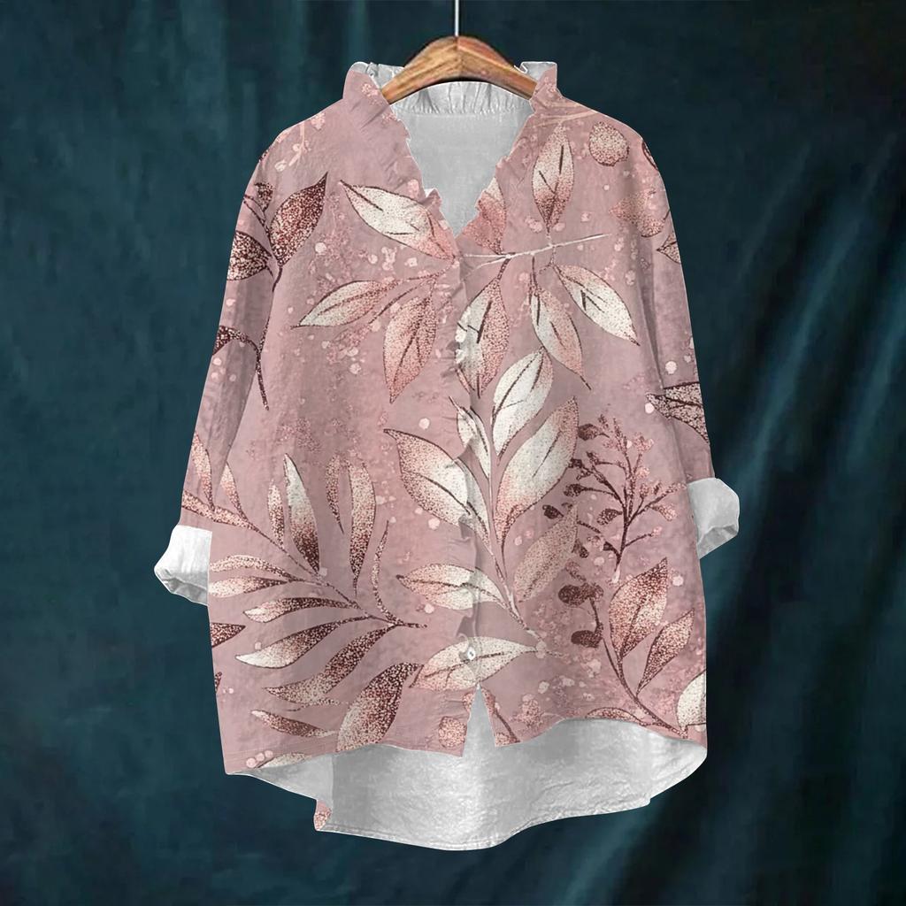 Women's Loose Ruffled Retro Floral Print Stand Collar Long Sleeve Cotton And Linen Top