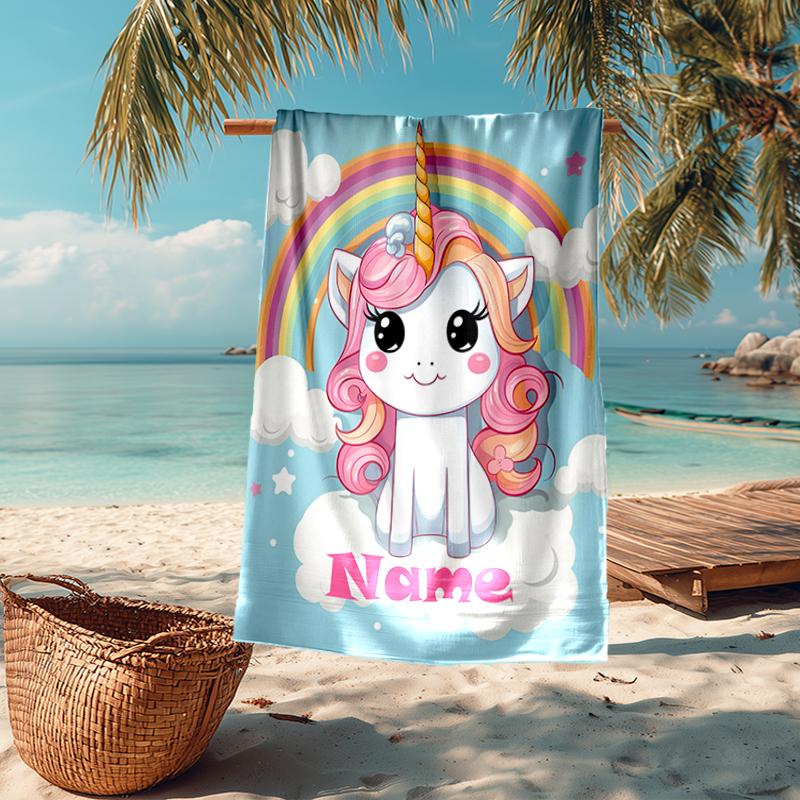 Custom Name Ultra-Soft Beach Towel with Unicorn Theme,Ideal for Pool - Camping, Diving - Perfect Travel Essential, Vibrant Beach Towel.