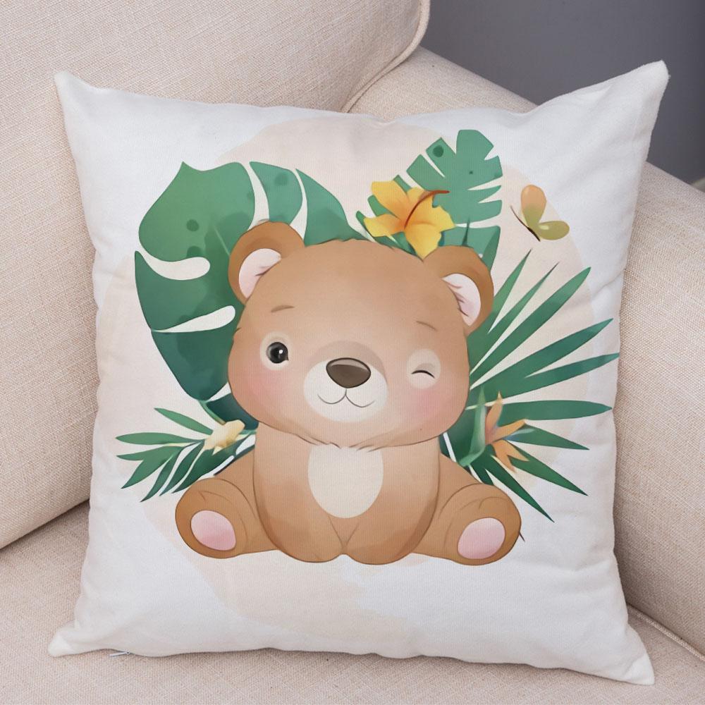 Cartoon Bird and Leaves Pillow Case Decor Cute Animal Lion Cushion Cover for Children Room Sofa Home Plush Pillowcase 45x45cm