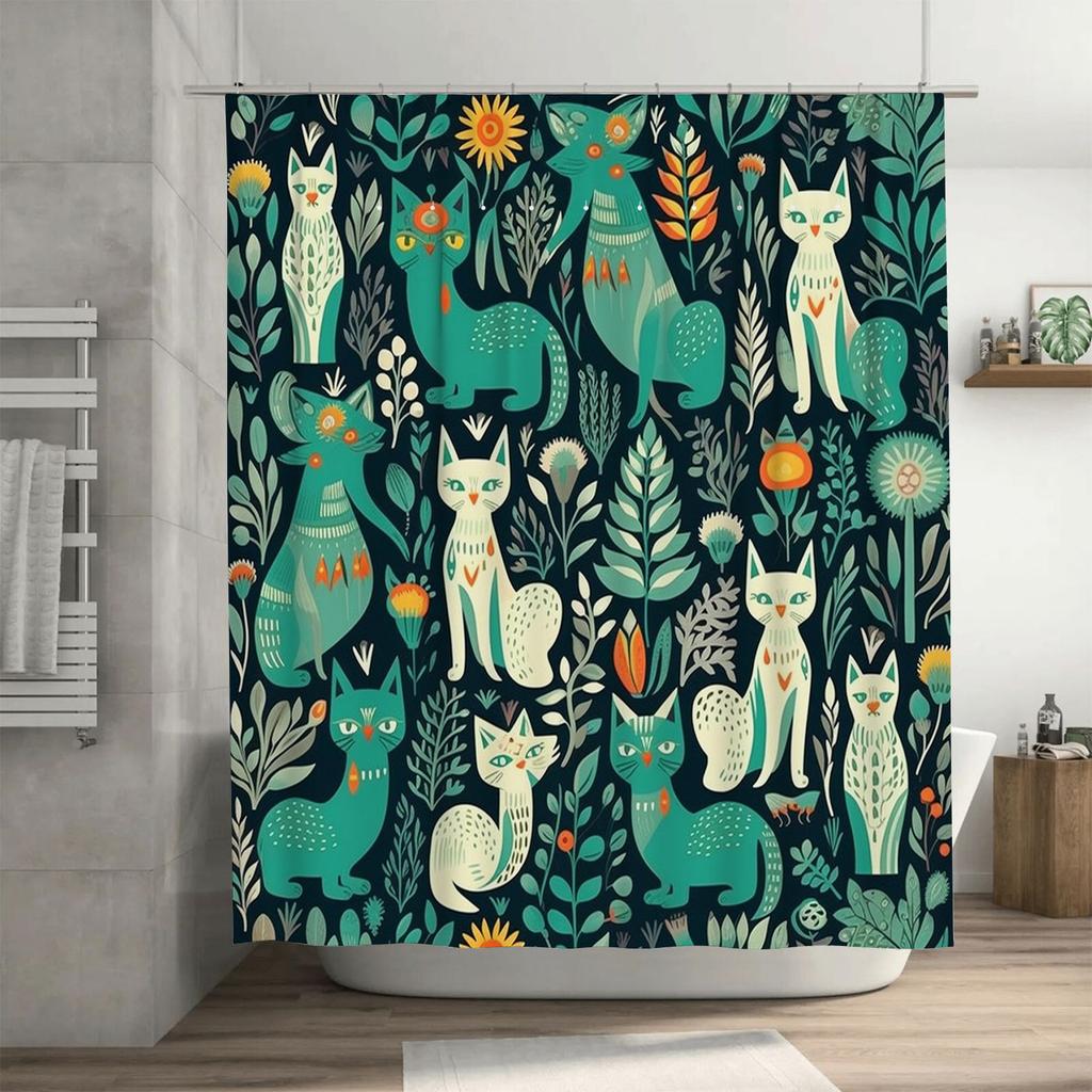 Colorful Cat Pattern Shower Curtain Blue, Green White Floral Design for Bathroom Decor Polyester Fabric Waterproof Bath Mat Set