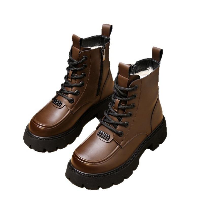 Fashion Trend Martin Boots Thick-soled Comfortable Fashion Boots Women's Autumn and Winter New Lace-up Velvet Leather Boots