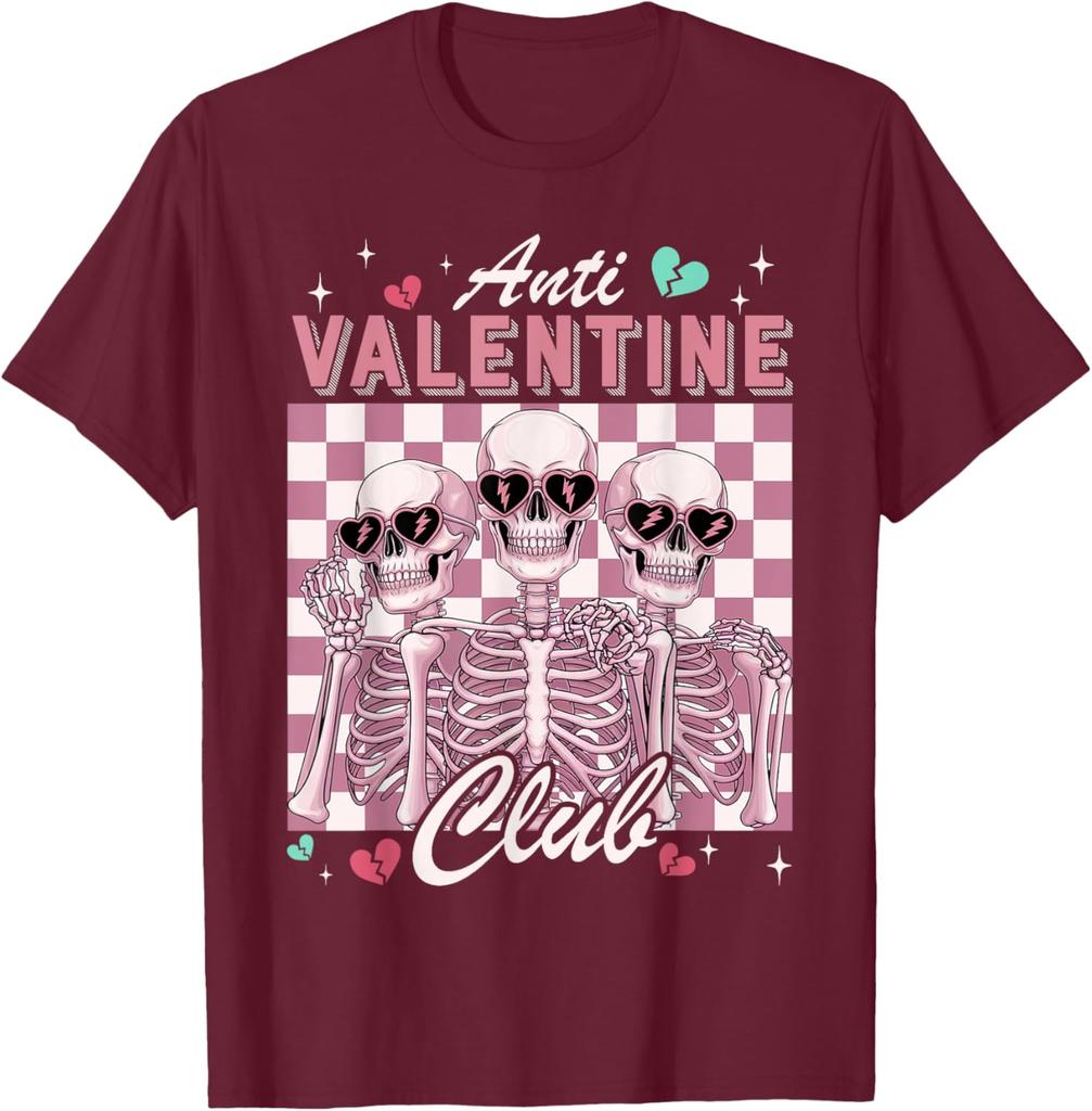 Anti-Valentinstag-Club-Skelett-Grafik-T-Shirt, lustiges Single-Day-Freizeit-Rundhals-T-Shirt für Männer und Frauen